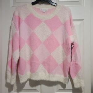 New Elegant Pink and White Argyle Super Soft Sweater Size XSmall